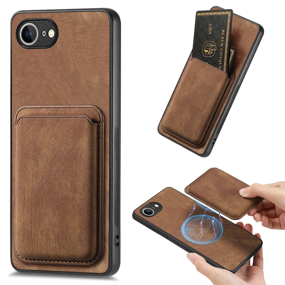 For iPhone 17e / 16e Case Compatible with MagSafe Leather Back Cover with Detachable Card Holder - Brown - 1