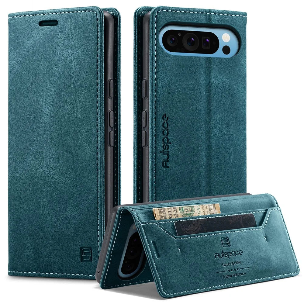 AUTSPACE For Google Pixel 9 Pro XL Wallet Case  A01 Leather Stand Cover with RFID Blocking Card Holder - Blue - 1