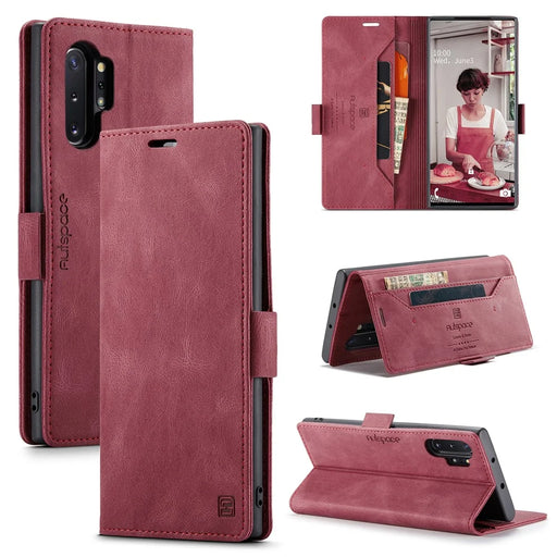 AUTSPACE For Samsung Galaxy Note 10 Plus 4G Wallet Case  A01 Leather Stand Cover with RFID Blocking Card Holder - Red - 1
