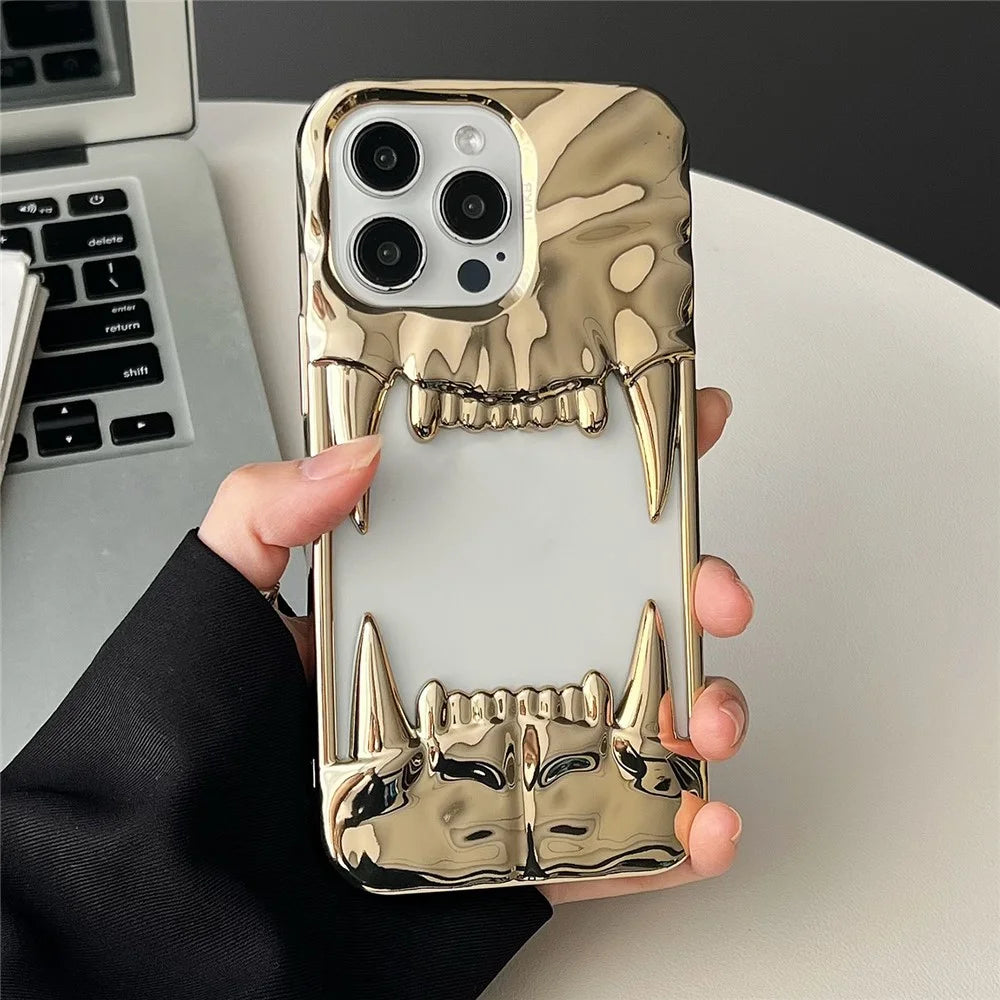 For iPhone 16 Pro Max Case TPU Protective Phone Cover Hollow Wrinkle Tiger Tooth Design - Electroplated Gold - 1