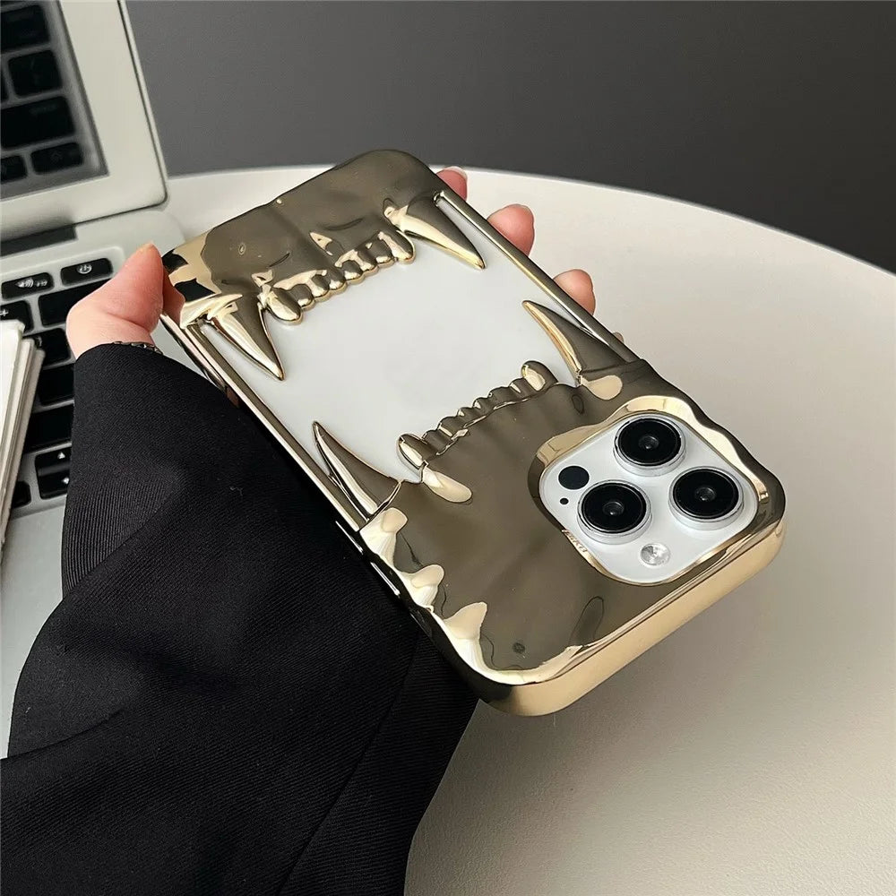For iPhone 16 Pro Max Case TPU Protective Phone Cover Hollow Wrinkle Tiger Tooth Design - Electroplated Gold - 2