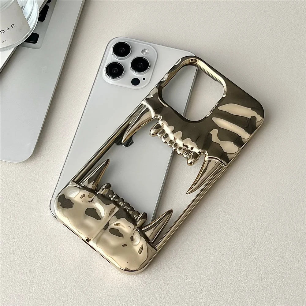 For iPhone 16 Pro Max Case TPU Protective Phone Cover Hollow Wrinkle Tiger Tooth Design - Electroplated Gold - 3