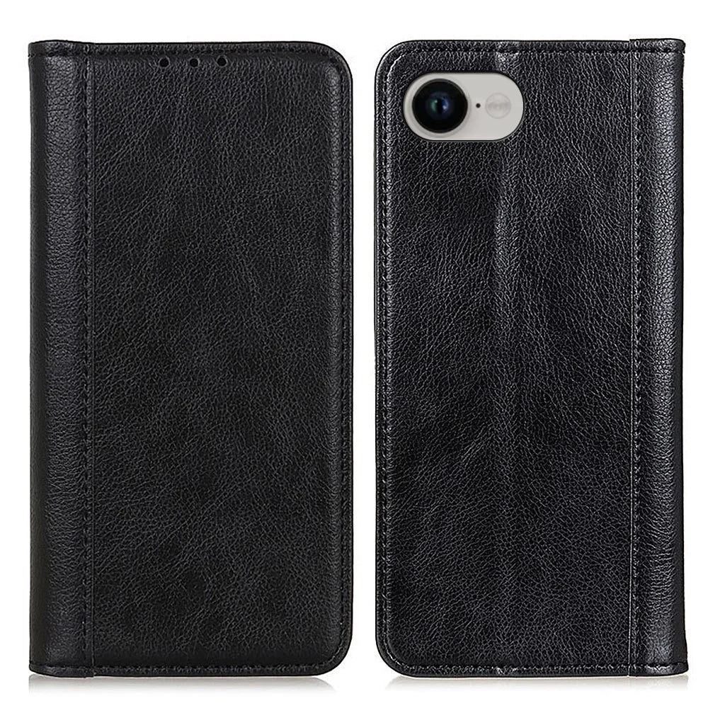 For iPhone 17e / 16e Stand Case Split Leather Litchi Texture Wallet Phone Cover - Black - 1