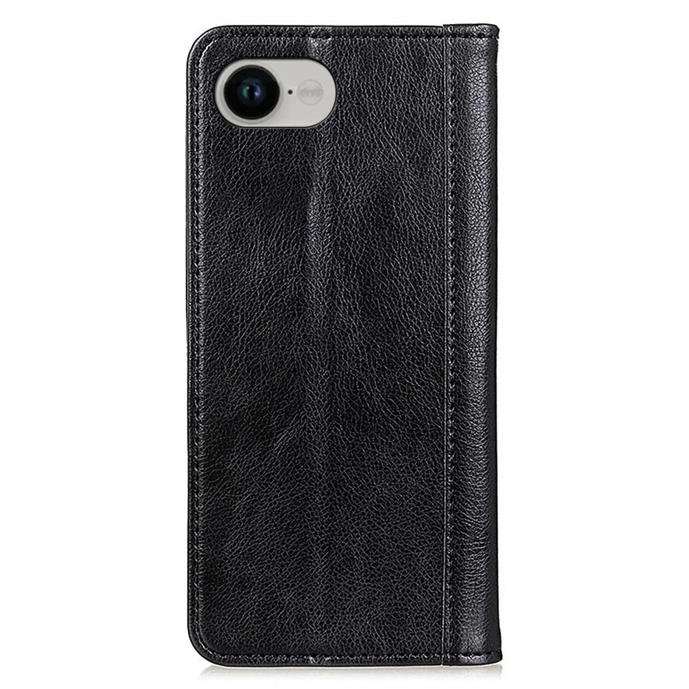For iPhone 17e / 16e Stand Case Split Leather Litchi Texture Wallet Phone Cover - Black - 7