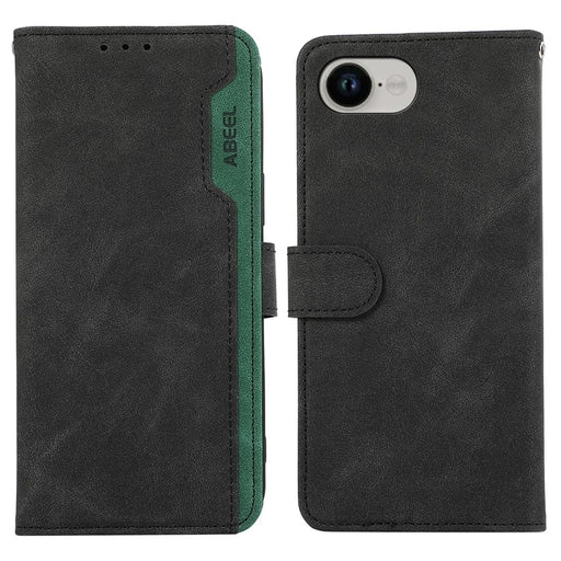 ABEEL For iPhone 17e / 16e Case Color Splicing Leather Flip Phone Cover RFID Blocking - Black - 1