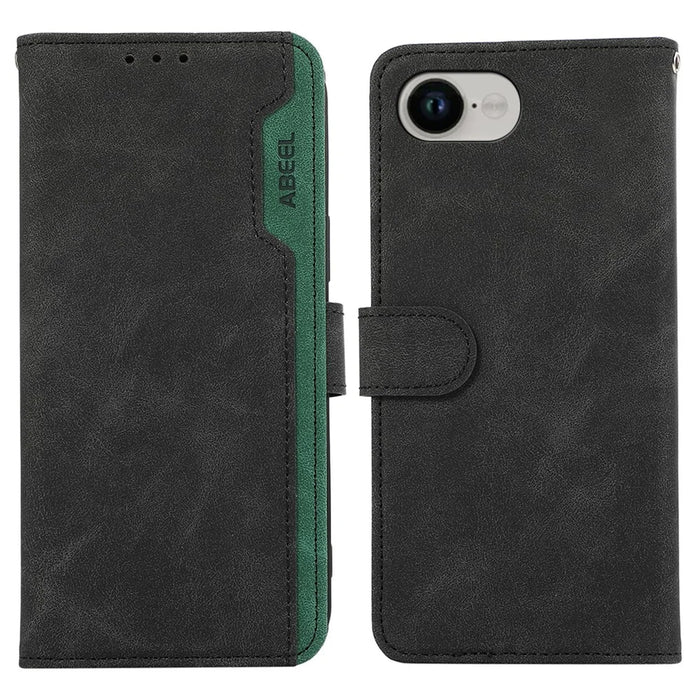ABEEL For iPhone 17e / 16e Case Color Splicing Leather Flip Phone Cover RFID Blocking - Black - 1