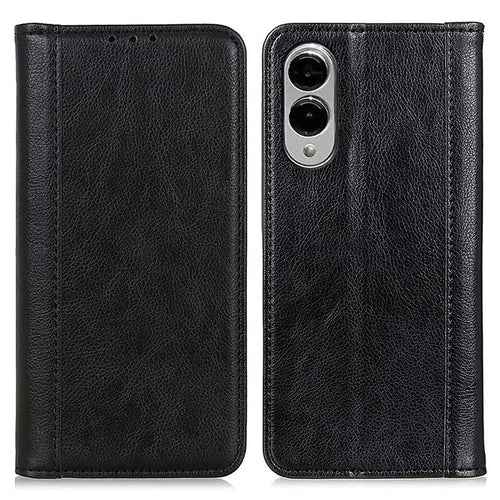For Samsung Galaxy S25 Edge Stand Case Split Leather Litchi Texture Wallet Phone Cover - Black - 1