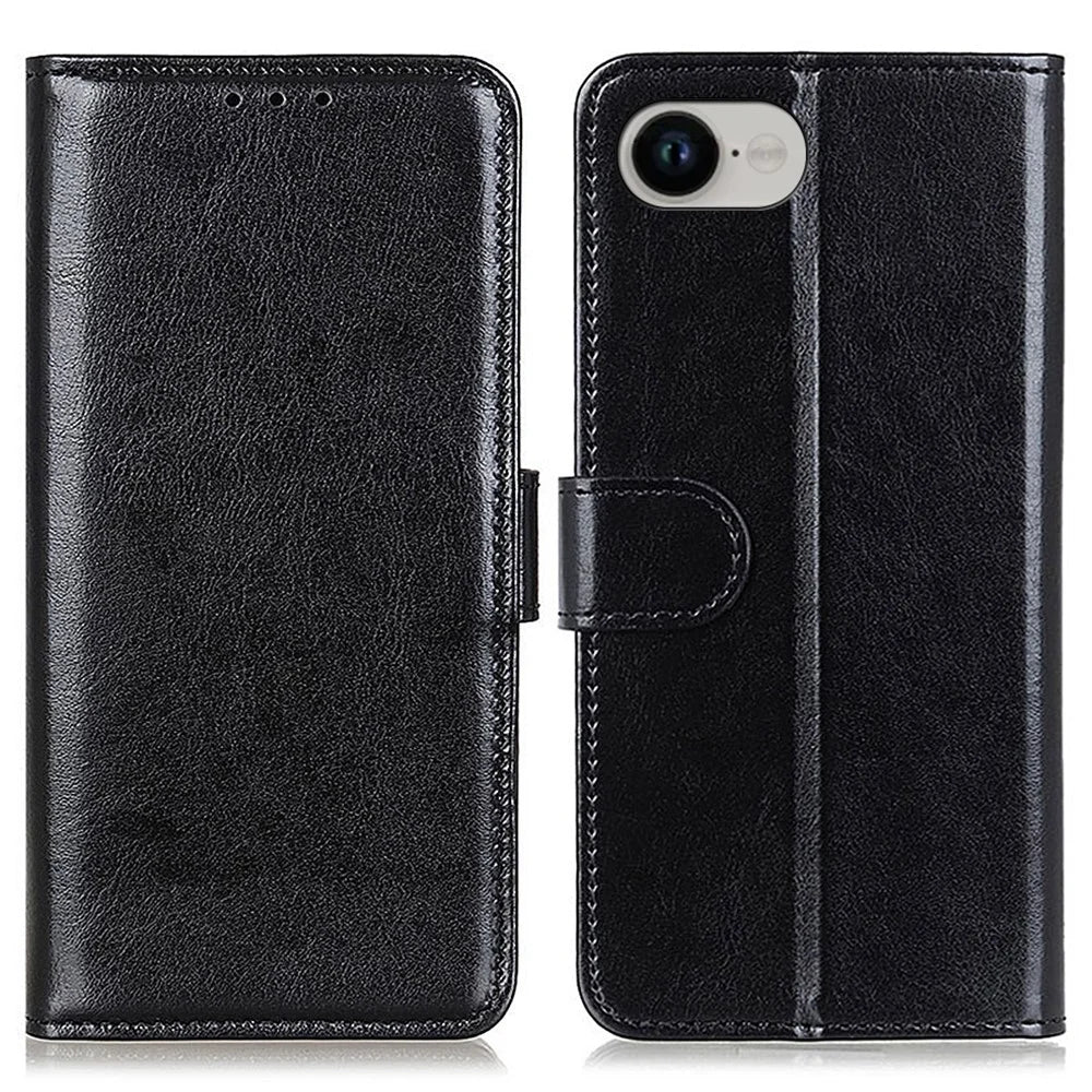 For iPhone 17e / 16e Case Crazy Horse Texture PU Leather Phone Stand Cover - Black - 1