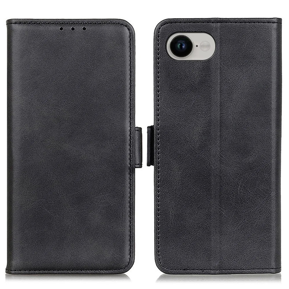For iPhone 17e / 16e Case Stand Cowhide Texture PU Leather Phone Cover - Black - 1