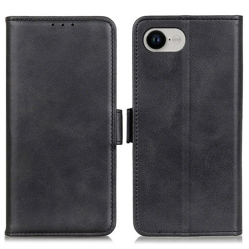 For iPhone 17e / 16e Case Stand Cowhide Texture PU Leather Phone Cover - Black - 1