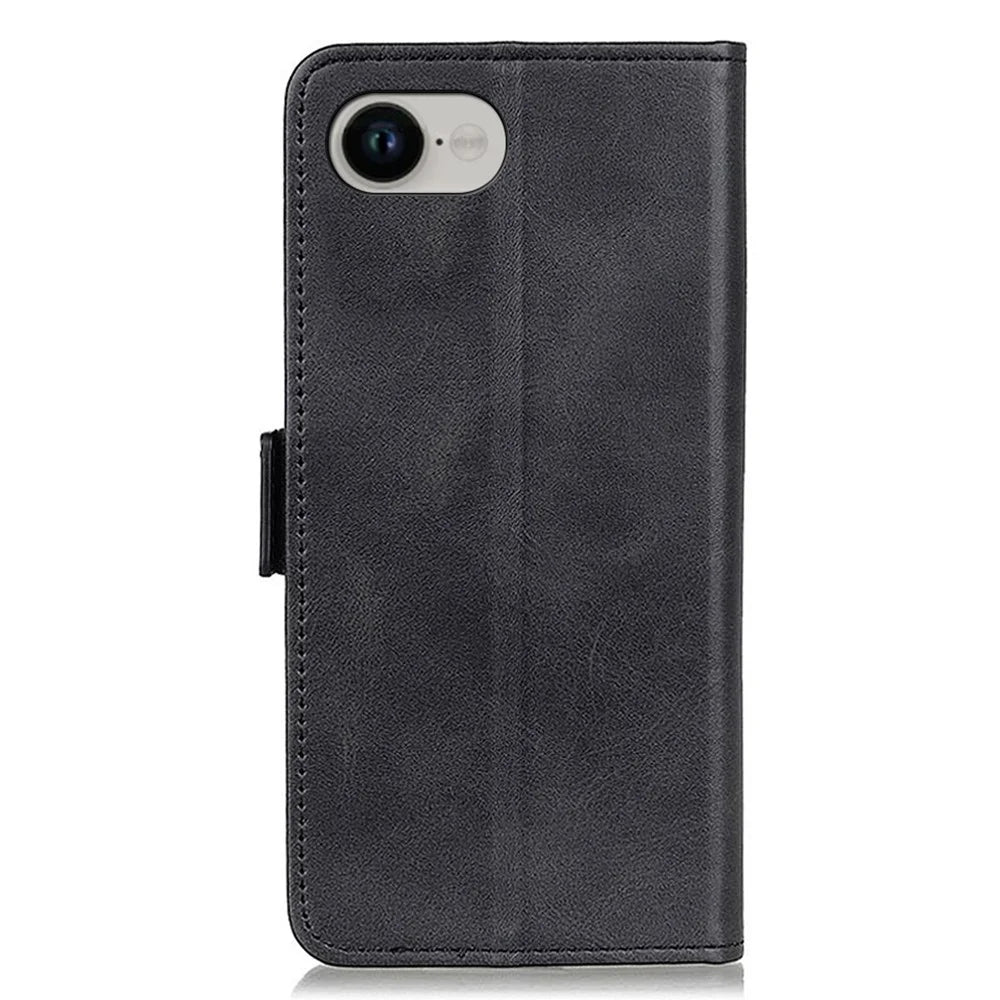 For iPhone 17e / 16e Case Stand Cowhide Texture PU Leather Phone Cover - Black - 6
