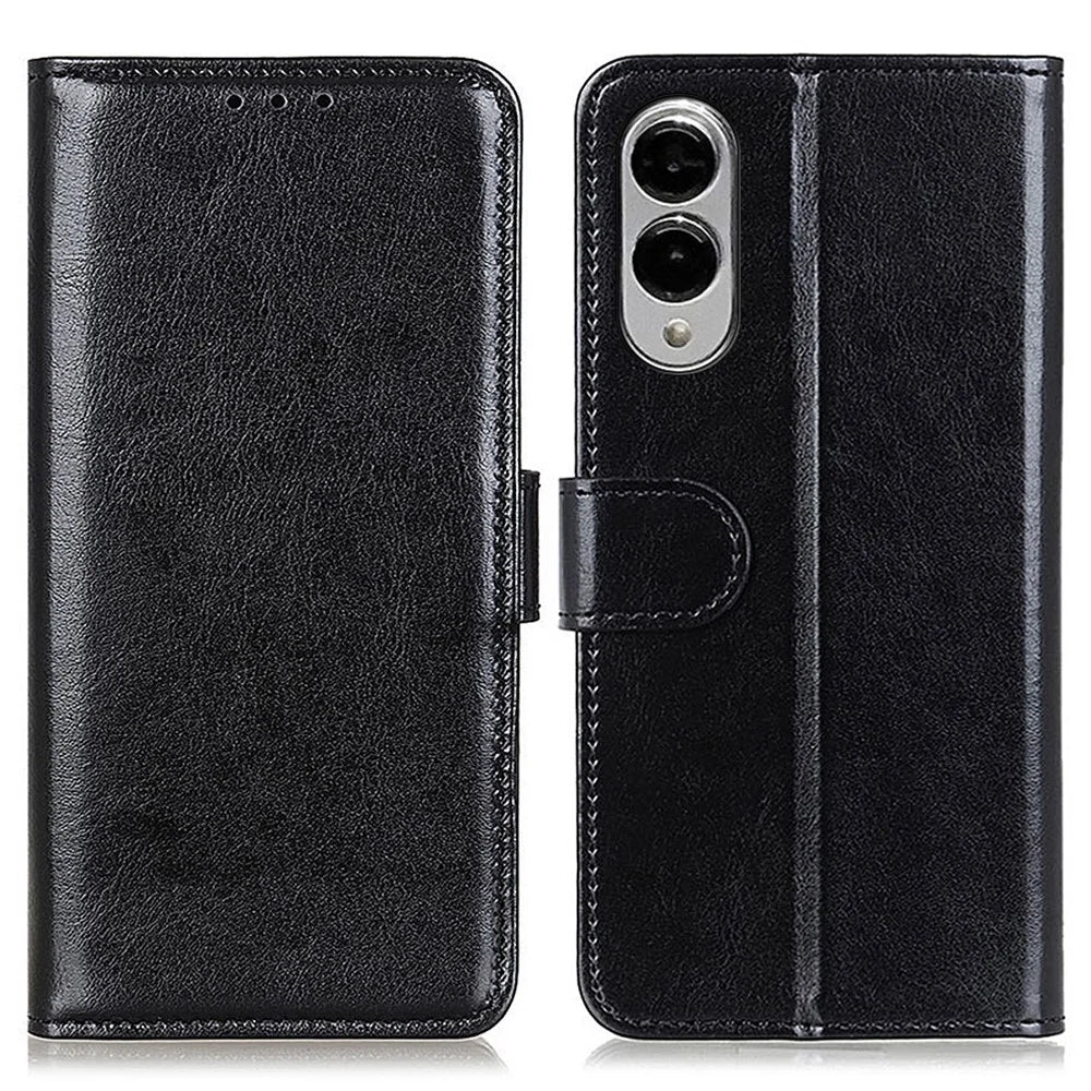 For Samsung Galaxy S25 Edge Case Crazy Horse Texture PU Leather Phone Stand Cover - Black - 1