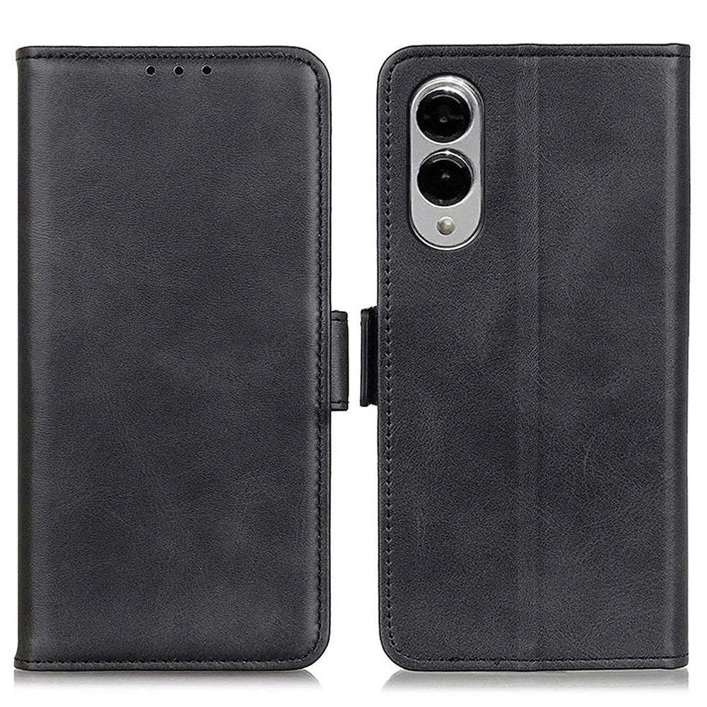 For Samsung Galaxy S25 Edge Case Stand Cowhide Texture PU Leather Phone Cover - Black - 1