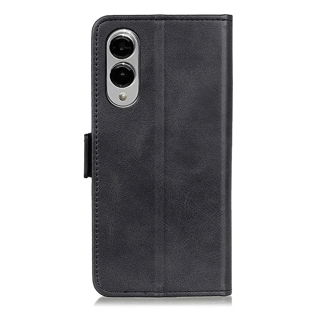 For Samsung Galaxy S25 Edge Case Stand Cowhide Texture PU Leather Phone Cover - Black - 6