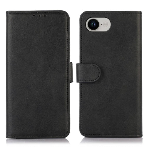 For iPhone 17e / 16e Case Cowhide Texture Leather Wallet Phone Cover with Stand - Black - 1