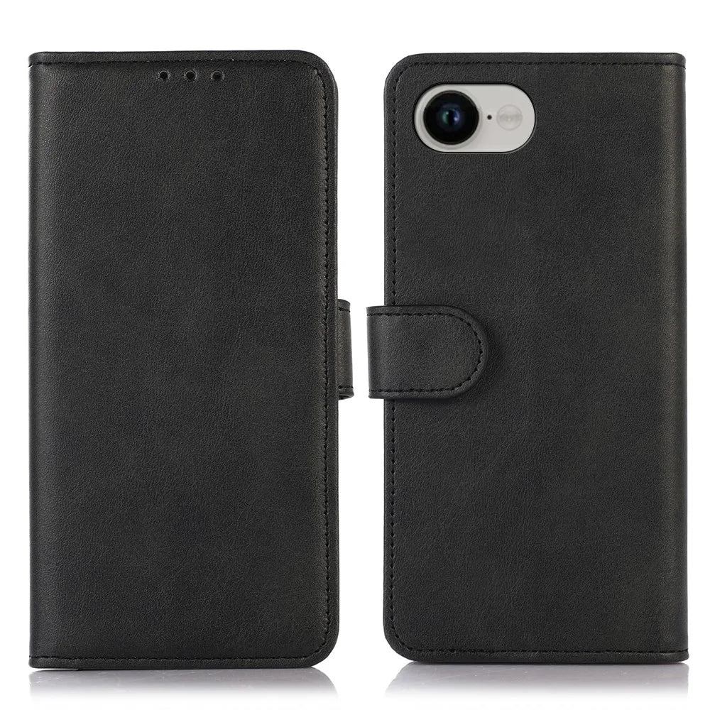 For iPhone 17e / 16e Case Cowhide Texture Leather Wallet Phone Cover with Stand - Black - 1