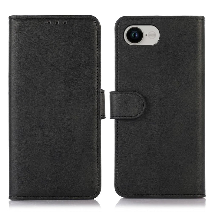 For iPhone 17e / 16e Case Cowhide Texture Leather Wallet Phone Cover with Stand - Black - 1