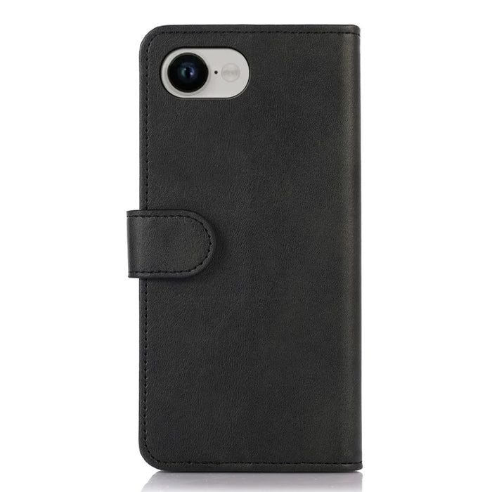 For iPhone 17e / 16e Case Cowhide Texture Leather Wallet Phone Cover with Stand - Black - 7