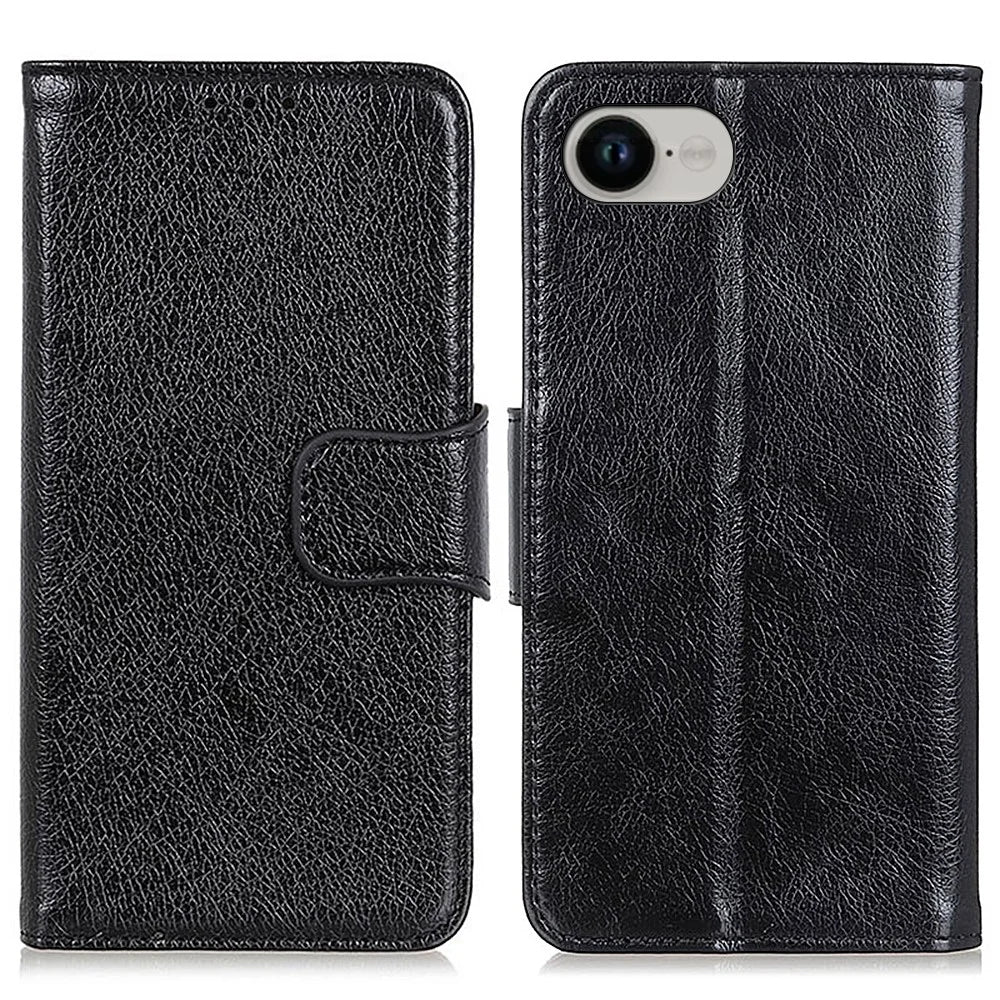 For iPhone 17e / 16e Case Nappa Texture Split Leather Wallet Phone Cover - Black - 1