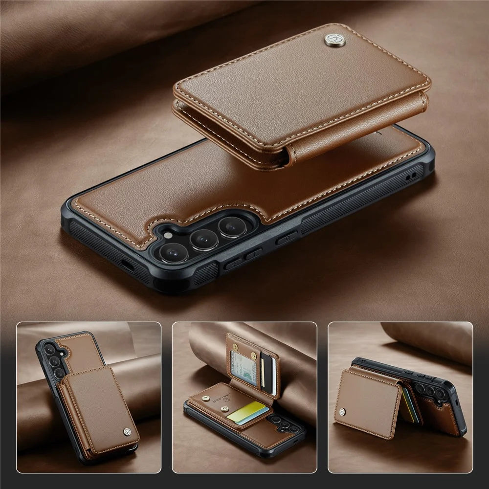 JEEHOOD For Samsung Galaxy S25 Case  J05 Leather Mobile Cover with Detachable Magnetic Card Bag - Brown - 5