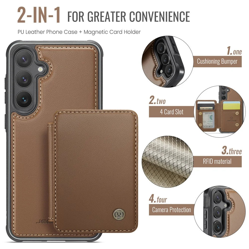 JEEHOOD For Samsung Galaxy S25 Case  J05 Leather Mobile Cover with Detachable Magnetic Card Bag - Brown - 6