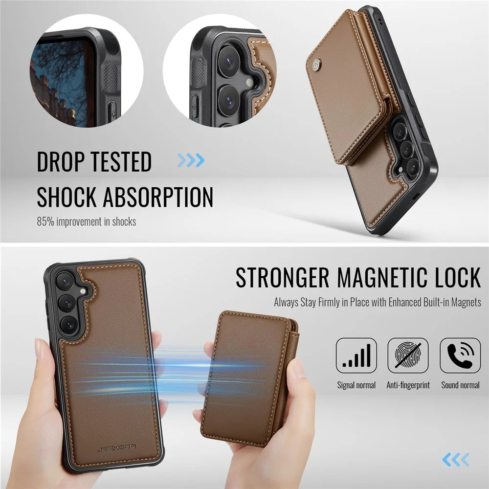 JEEHOOD For Samsung Galaxy S25 Case  J05 Leather Mobile Cover with Detachable Magnetic Card Bag - Brown - 7