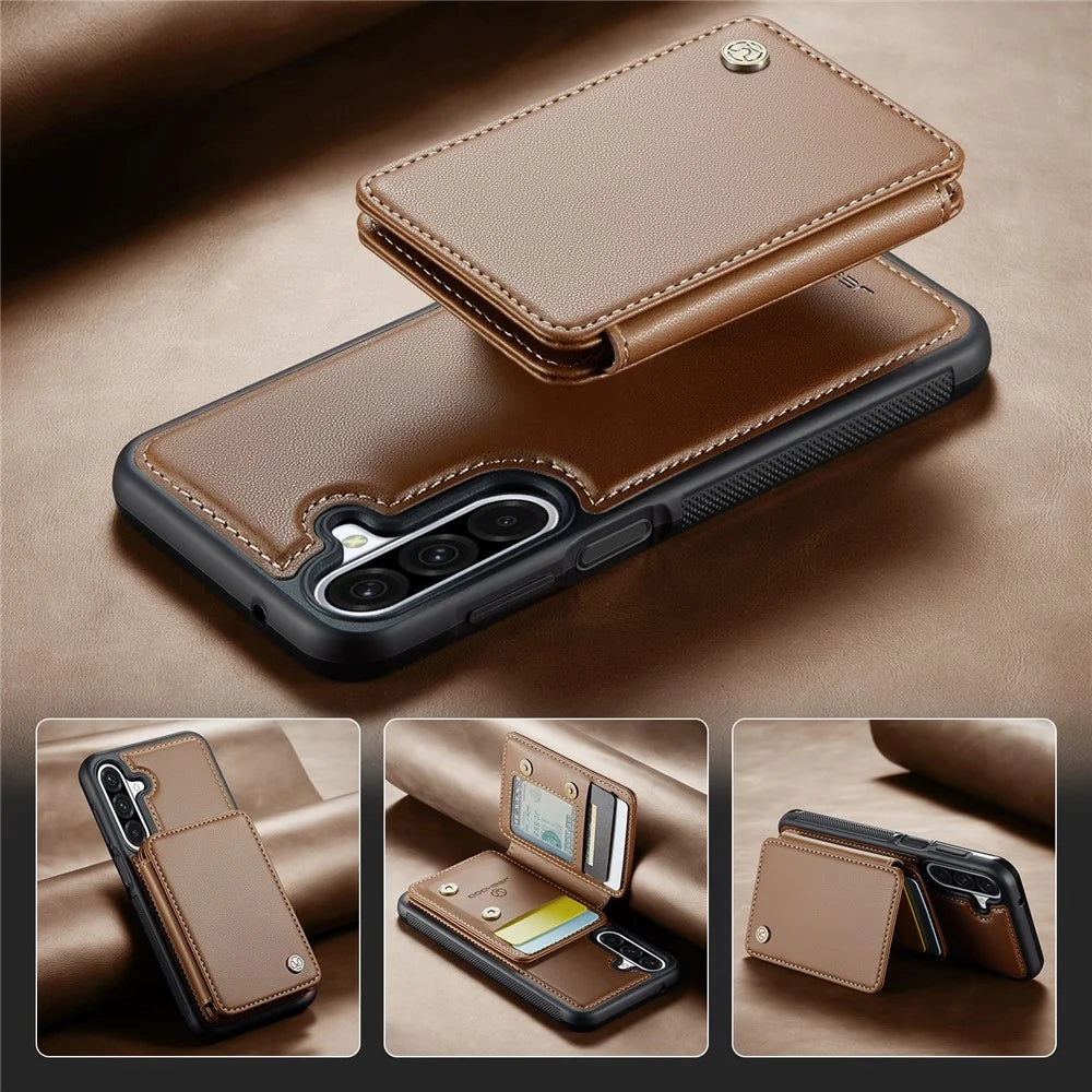JEEHOOD For Samsung Galaxy A26 5G Case  J05 Leather Mobile Cover with Detachable Magnetic Card Bag - Brown - 5