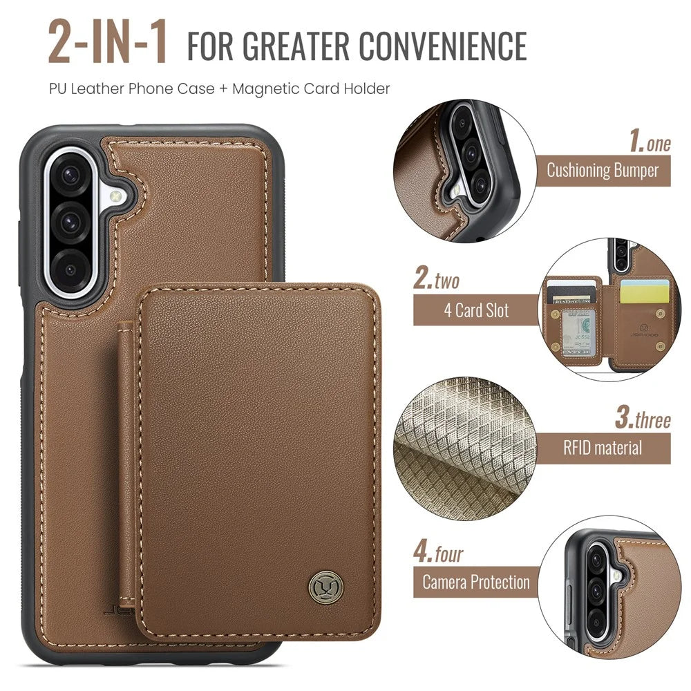 JEEHOOD For Samsung Galaxy A26 5G Case  J05 Leather Mobile Cover with Detachable Magnetic Card Bag - Brown - 6