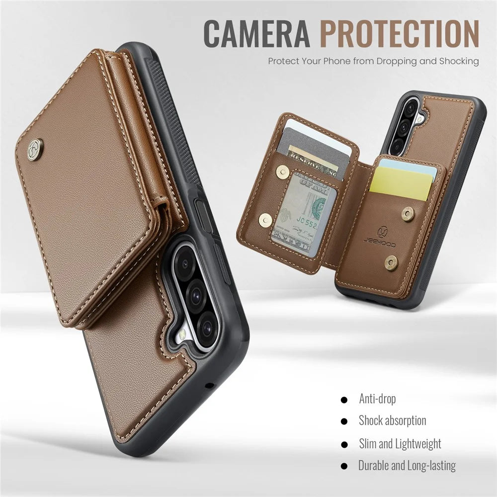 JEEHOOD For Samsung Galaxy A26 5G Case  J05 Leather Mobile Cover with Detachable Magnetic Card Bag - Brown - 7