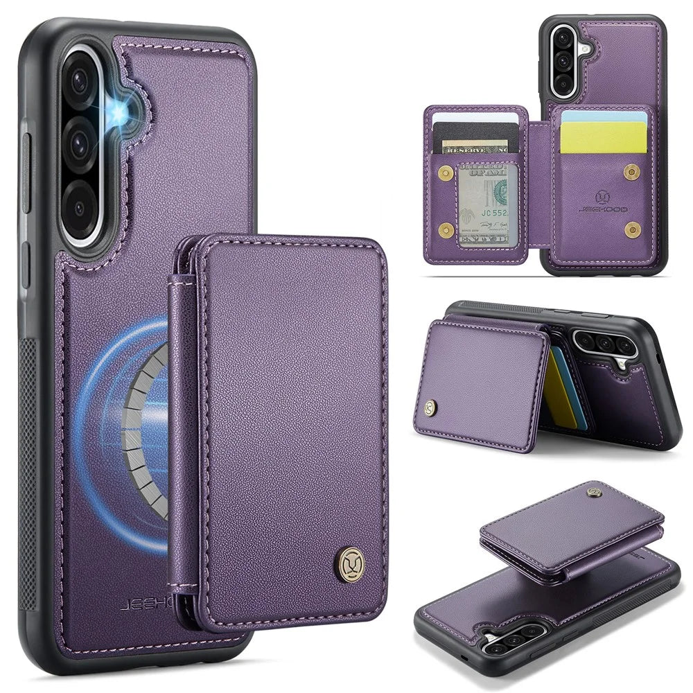 JEEHOOD For Samsung Galaxy A56 5G Case  J05 Leather Mobile Cover with Detachable Magnetic Card Bag - Purple - 1