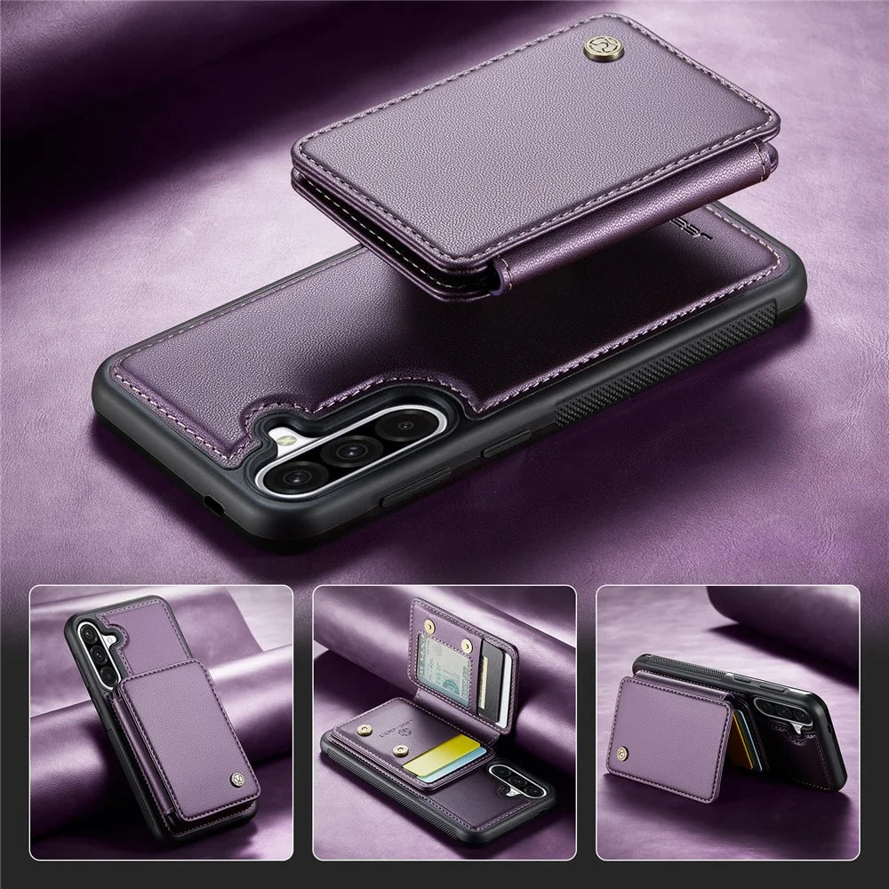 JEEHOOD For Samsung Galaxy A56 5G Case  J05 Leather Mobile Cover with Detachable Magnetic Card Bag - Purple - 5