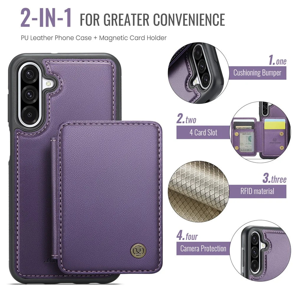 JEEHOOD For Samsung Galaxy A56 5G Case  J05 Leather Mobile Cover with Detachable Magnetic Card Bag - Purple - 6