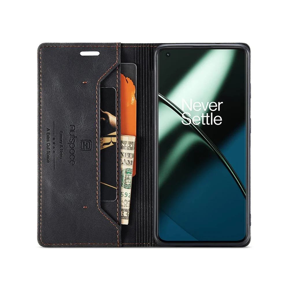 AUTSPACE For OnePlus 11 5G Wallet Case  A01 Leather Stand Cover with RFID Blocking Card Holder - Black - 3