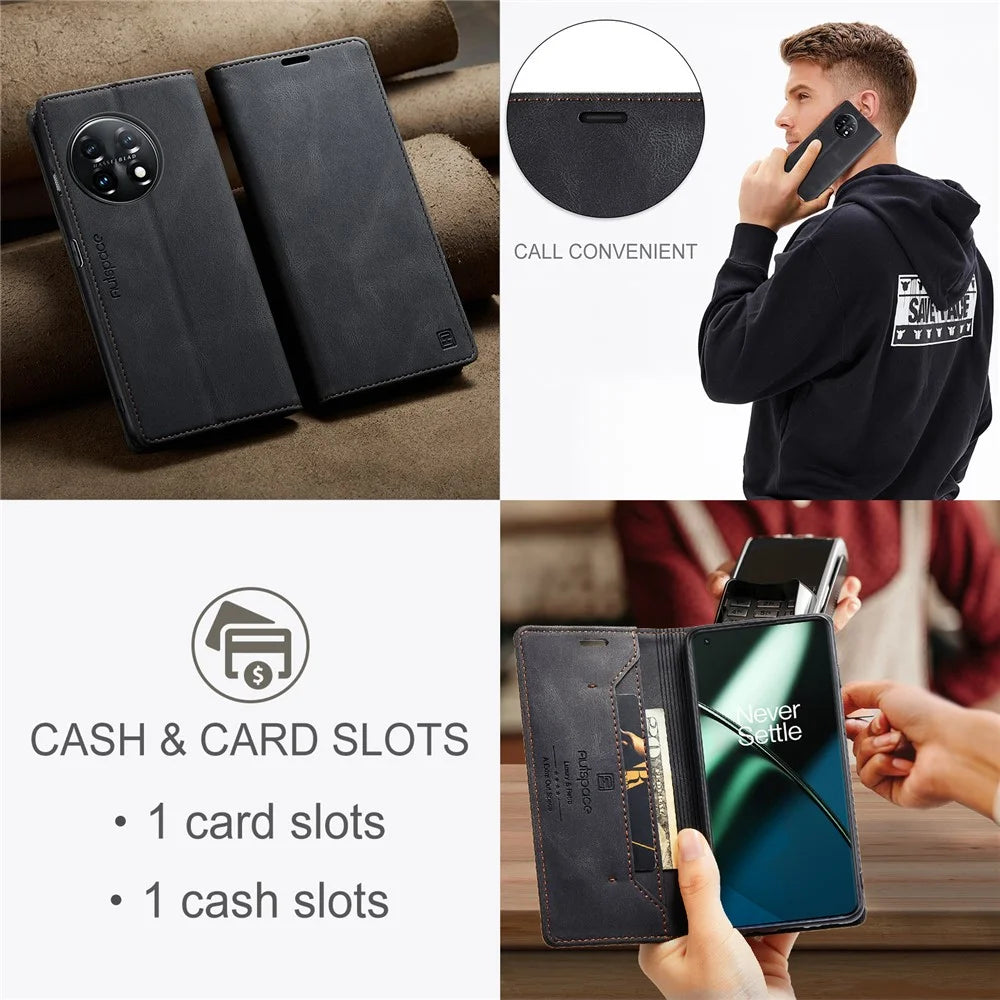 AUTSPACE For OnePlus 11 5G Wallet Case  A01 Leather Stand Cover with RFID Blocking Card Holder - Black - 6