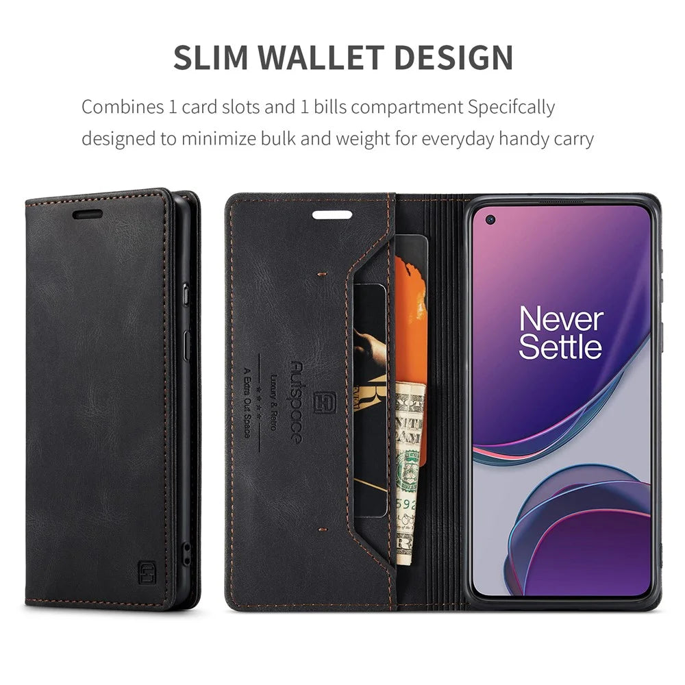 AUTSPACE For OnePlus 8T Wallet Case  A01 Leather Stand Cover with RFID Blocking Card Holder - Black - 6