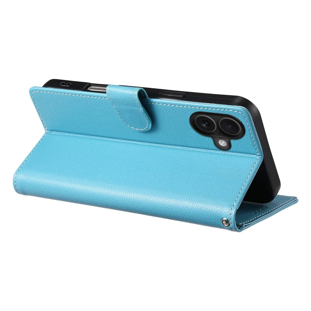 DF-012 For iPhone 16 Case Litchi Texture Leather Magnetic Clasp Wallet Stand Phone Cover - Sky Blue - 3