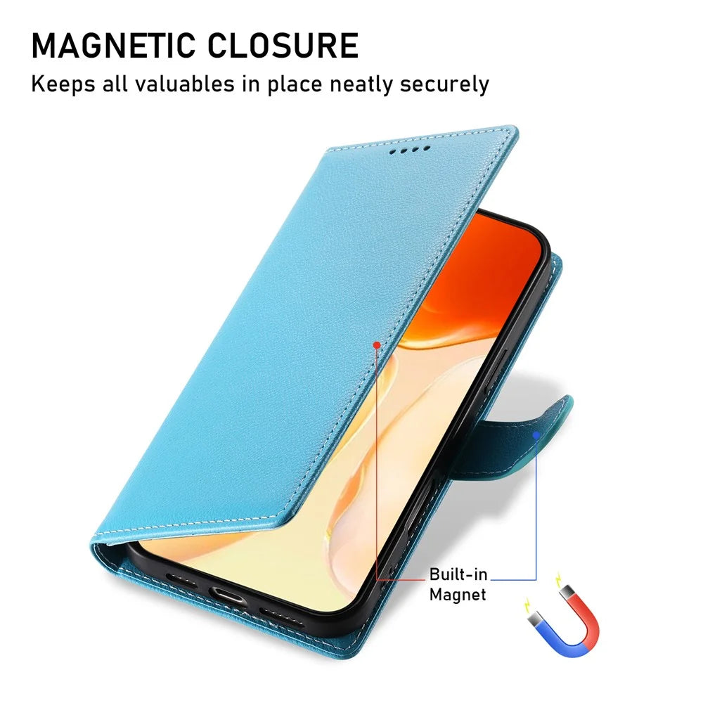 DF-012 For iPhone 16 Case Litchi Texture Leather Magnetic Clasp Wallet Stand Phone Cover - Sky Blue - 6