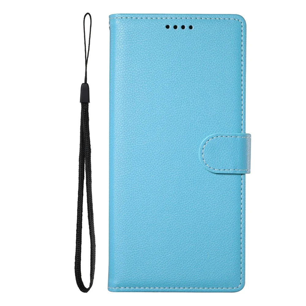 DF-012 For iPhone 16 Case Litchi Texture Leather Magnetic Clasp Wallet Stand Phone Cover - Sky Blue - 7