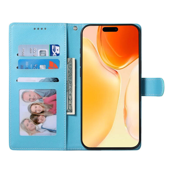 DF-012 For iPhone 16 Plus Case Litchi Texture Leather Wallet Stand Phone Cover - Sky Blue - 2