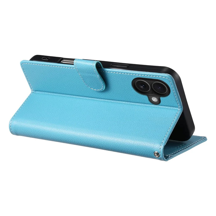 DF-012 For iPhone 16 Plus Case Litchi Texture Leather Wallet Stand Phone Cover - Sky Blue - 3