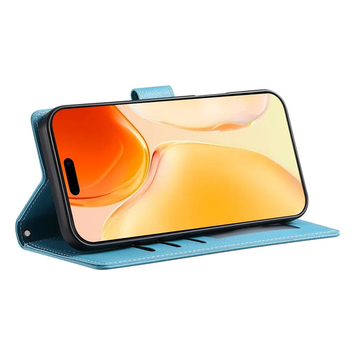 DF-012 For iPhone 16 Plus Case Litchi Texture Leather Wallet Stand Phone Cover - Sky Blue - 4