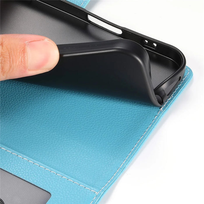 DF-012 For iPhone 16 Plus Case Litchi Texture Leather Wallet Stand Phone Cover - Sky Blue - 5