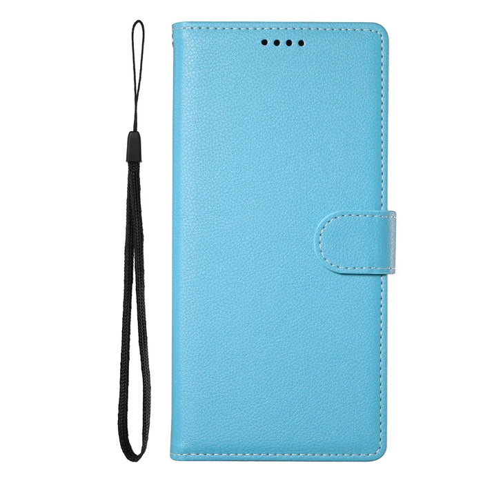 DF-012 For iPhone 16 Plus Case Litchi Texture Leather Wallet Stand Phone Cover - Sky Blue - 7
