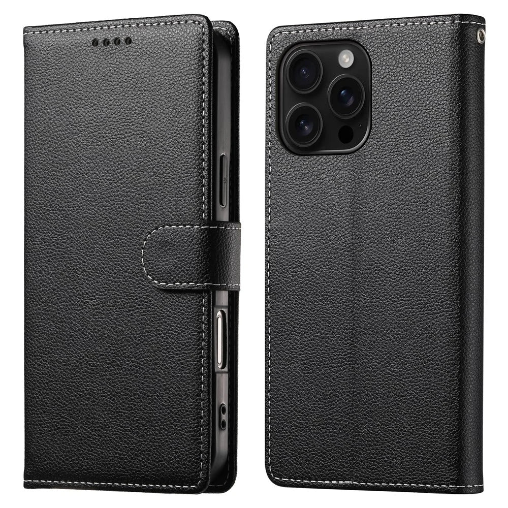 DF-012 For iPhone 16 Pro Case Litchi Texture Leather Wallet Stand Phone Cover - Black - 1