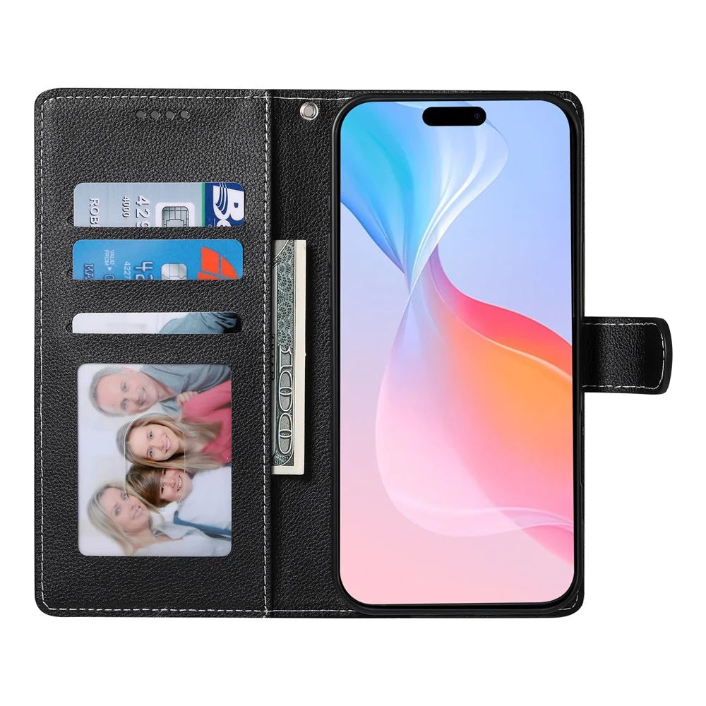 DF-012 For iPhone 16 Pro Case Litchi Texture Leather Wallet Stand Phone Cover - Black - 2