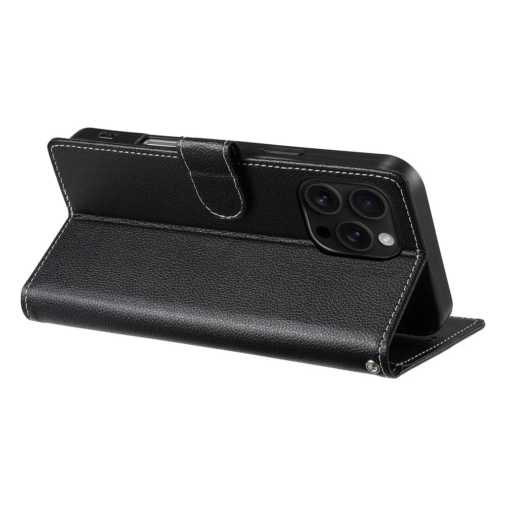 DF-012 For iPhone 16 Pro Case Litchi Texture Leather Wallet Stand Phone Cover - Black - 3