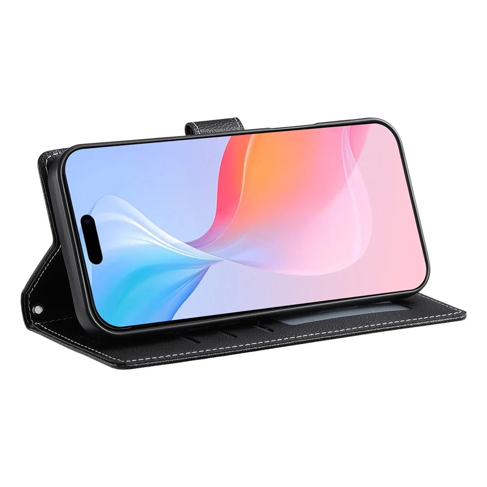 DF-012 For iPhone 16 Pro Case Litchi Texture Leather Wallet Stand Phone Cover - Black - 4