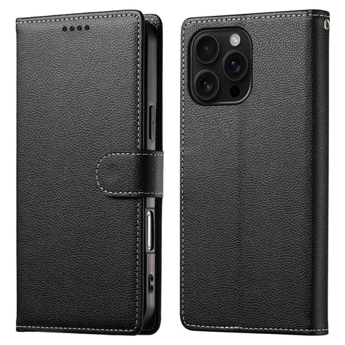 DF-012 For iPhone 16 Pro Max Case Litchi Texture Leather Wallet Stand Phone Cover - Black - 1