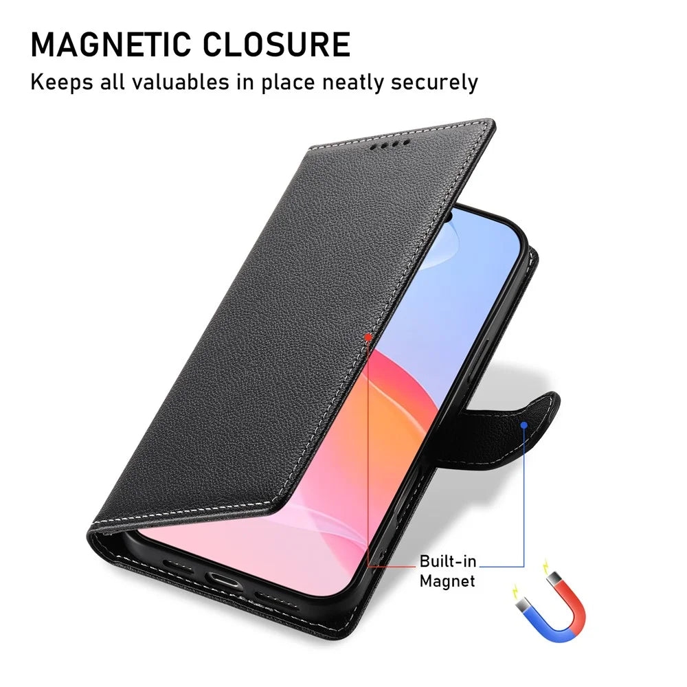 DF-012 For iPhone 16 Pro Max Case Litchi Texture Leather Wallet Stand Phone Cover - Black - 6