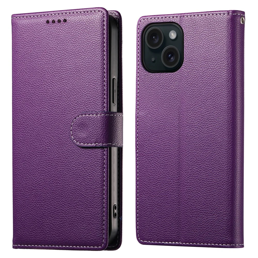 DF-012 For iPhone 15 Case Litchi Texture Leather Magnetic Clasp Wallet Stand Phone Cover - Purple - 1